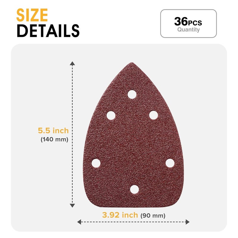 Shawya 36 PCS Mouse Sander Sandpapers 6 Hole Mouse Sand Paper Detail Sander Sanding Disc Mouse Sander Pads Hook and Loop Triangle Sandpaper (60/80/100/120/180/240) -6 PCS for Each Grit - Image 3